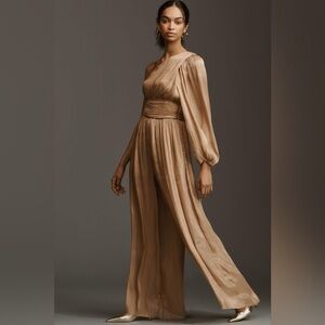 NWT Size 6 - By Anthropologie One-Shoulder Jumpsuit in Metallic Gold